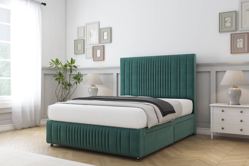 image 1 of Sloomy Kingsley Emerald Plush Divan Bed With Mattress 2 Drawers Right Side With 26" Strutted Headboard & 12" Matching Footboard 6' Super King | Green | Emerald | Super King | 1
