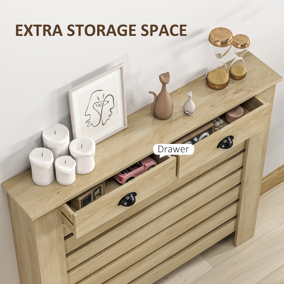 image 1 of HOMCOM Radiator Cover with Drawer, Horizontal Slat, 111cm, Oak