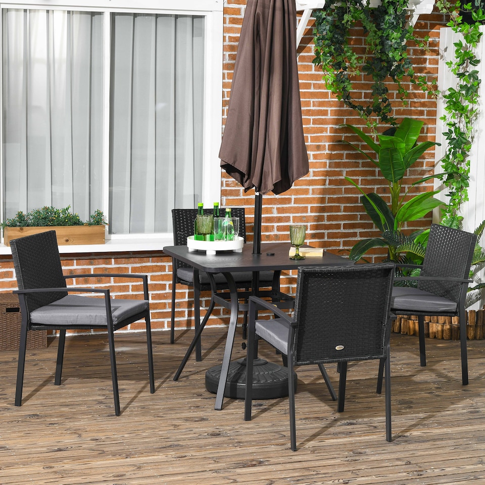 image 1 of Outsunny Rattan Garden Dining Set for 4 with Cushions Umbrella Hole, Black