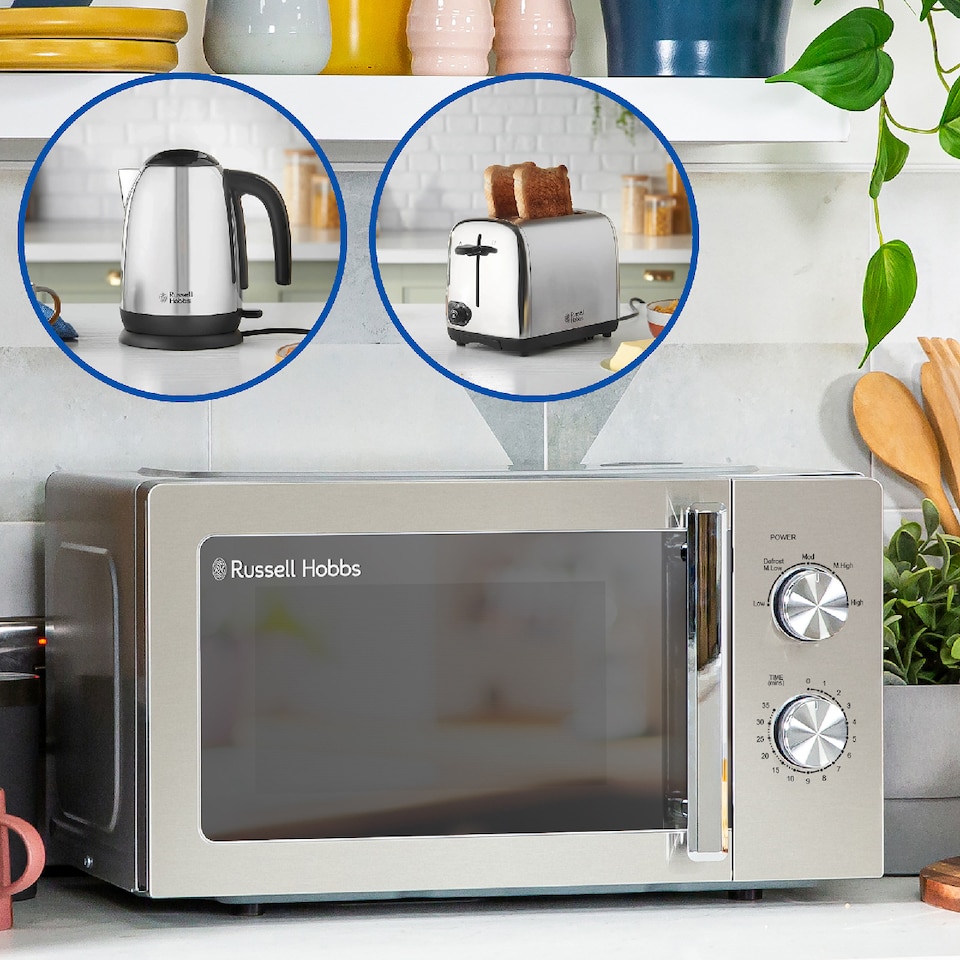 image 1 of Russell Hobbs Polished Classics Bundle Set with Kettle, 2 Slice Toaster, and Manual Microwave CLCSBNDL2SS