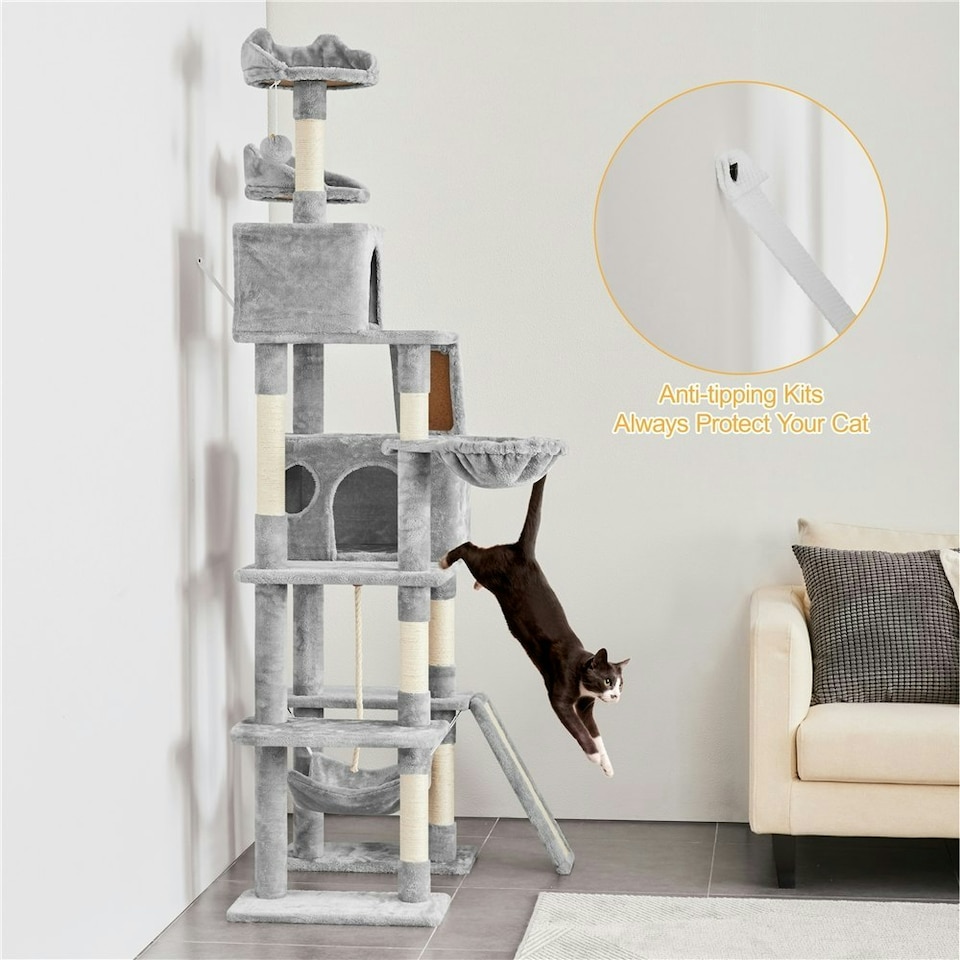image 1 of Yaheetech 209 cm Large Cat Tower with 2 Cozy Condos Light Grey