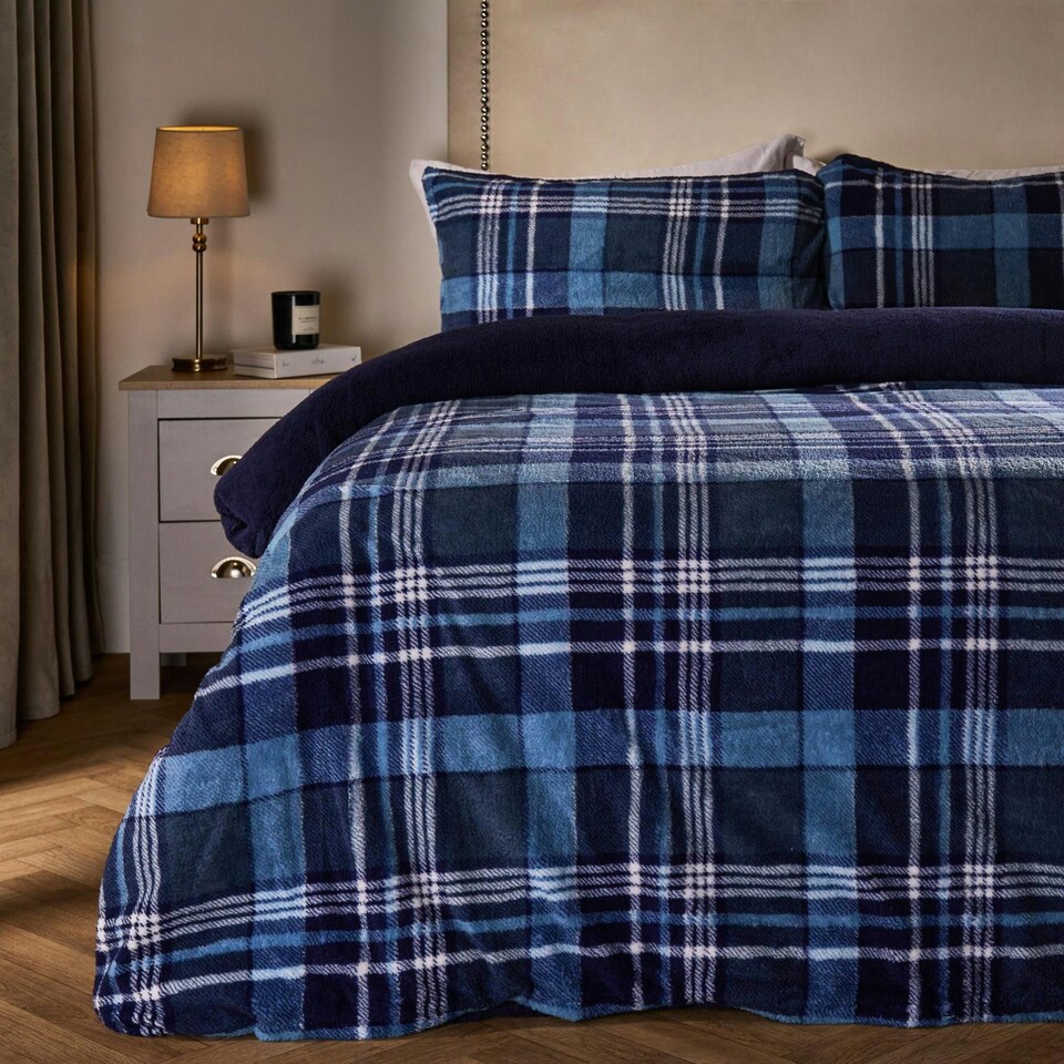 image 1 of OHS Ultra Soft Tartan Check Teddy Duvet Cover Set Blue | Navy | Super King