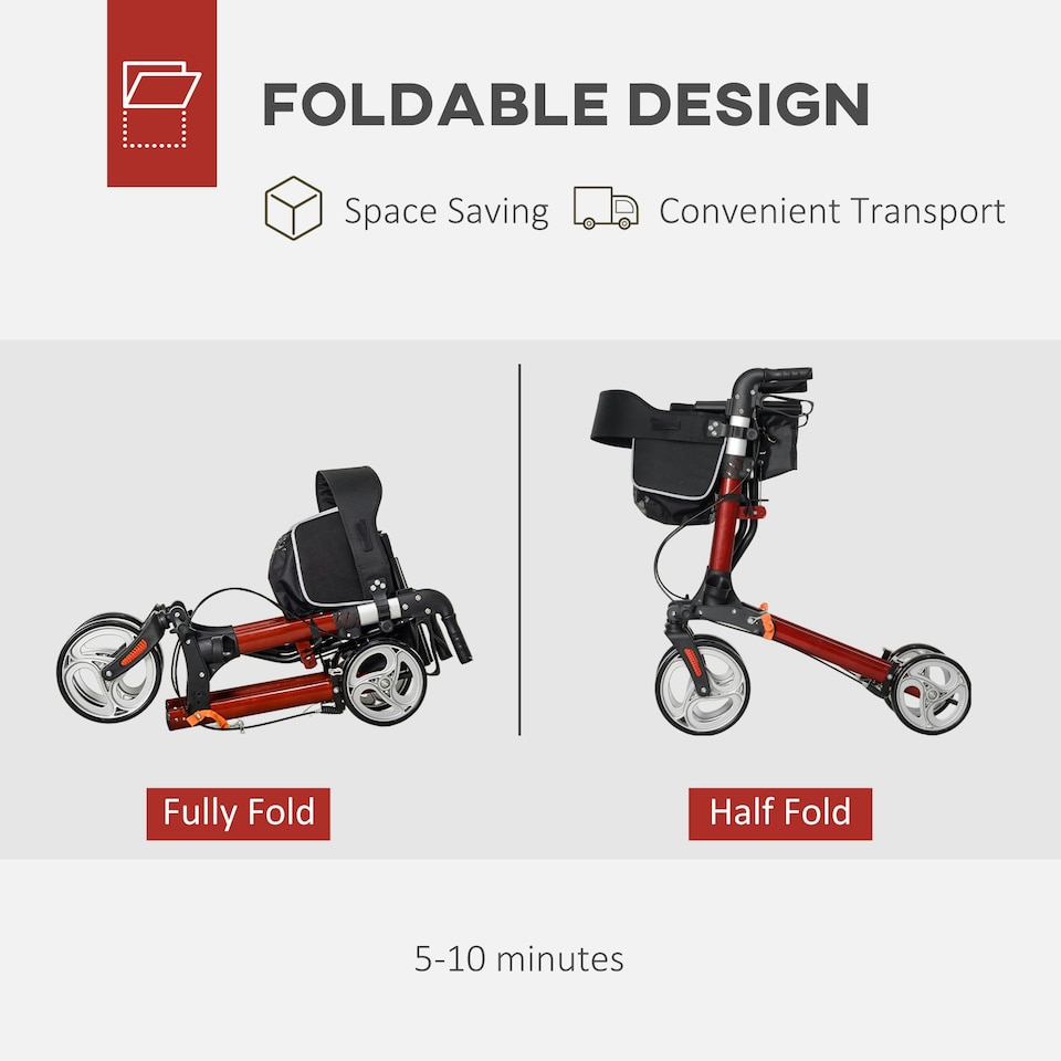 image 1 of HOMCOM Fully Folding Rollator Walker with Seat, Backrest, Bag, Red