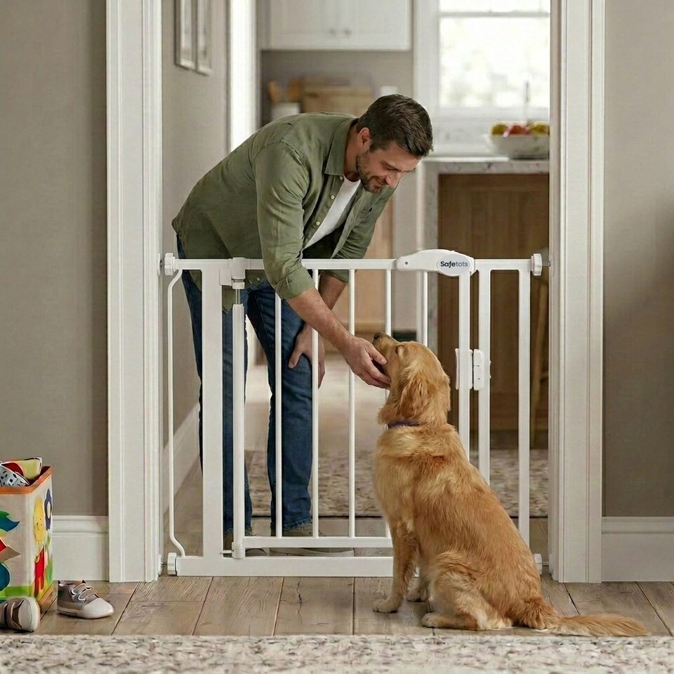 image 1 of Safetots Pressure Fit Self Closing Stair Gate, 75cm - 82cm, White, Auto Closing Baby Gate, Safety Barrier for Toddler, Easy Installation