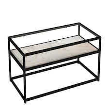 Glass Display Top Coffee Table with Steel Frame Reversible Wooden Storage Shelf | Black | White Stone