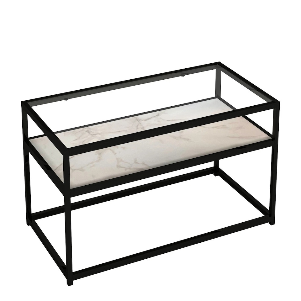image 1 of Glass Display Top Coffee Table with Steel Frame Reversible Wooden Storage Shelf | Black | White Stone