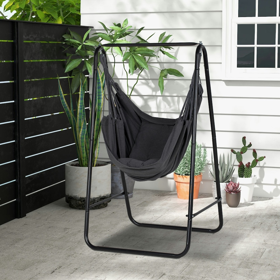 image 1 of Outsunny Hammock Chair w/ Stand, Hanging Chair w/ Cushion, Armrest Grey