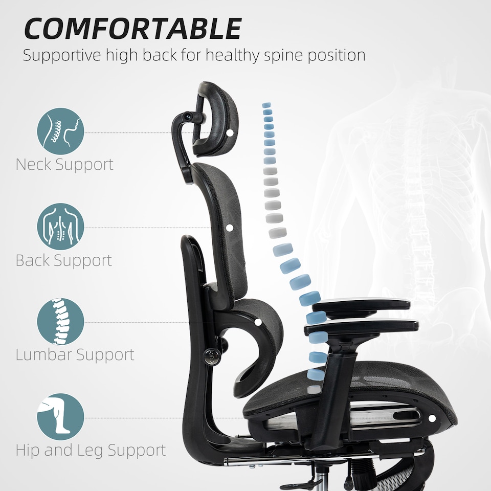 image 1 of HOMCOM Ergonomic Office Chair, Mesh High Back Computer Desk Chair with 3 Level Adjustable Back, Adjustable Lumbar Support, Swivel Recliner with 3D Armrest, Headrest, Footrest, Black | Black