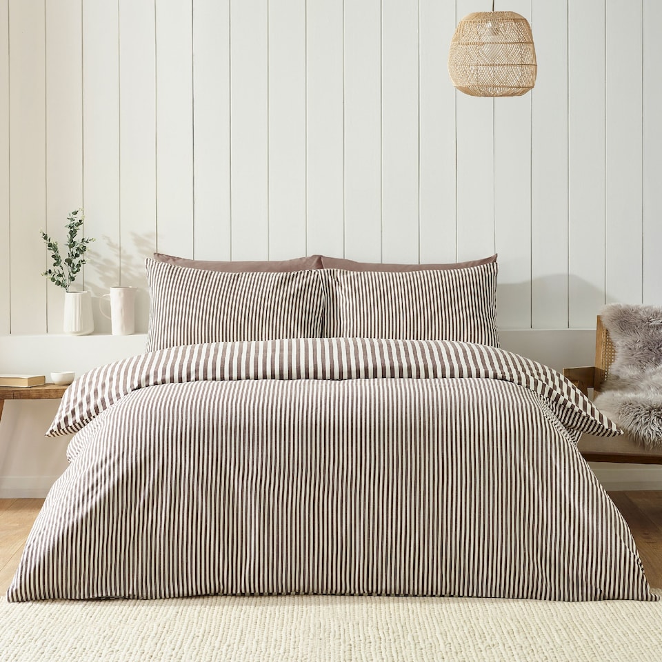 image 1 of Catherine Lansfield Brushed Stripe Cotton Reversible Duvet Cover Set