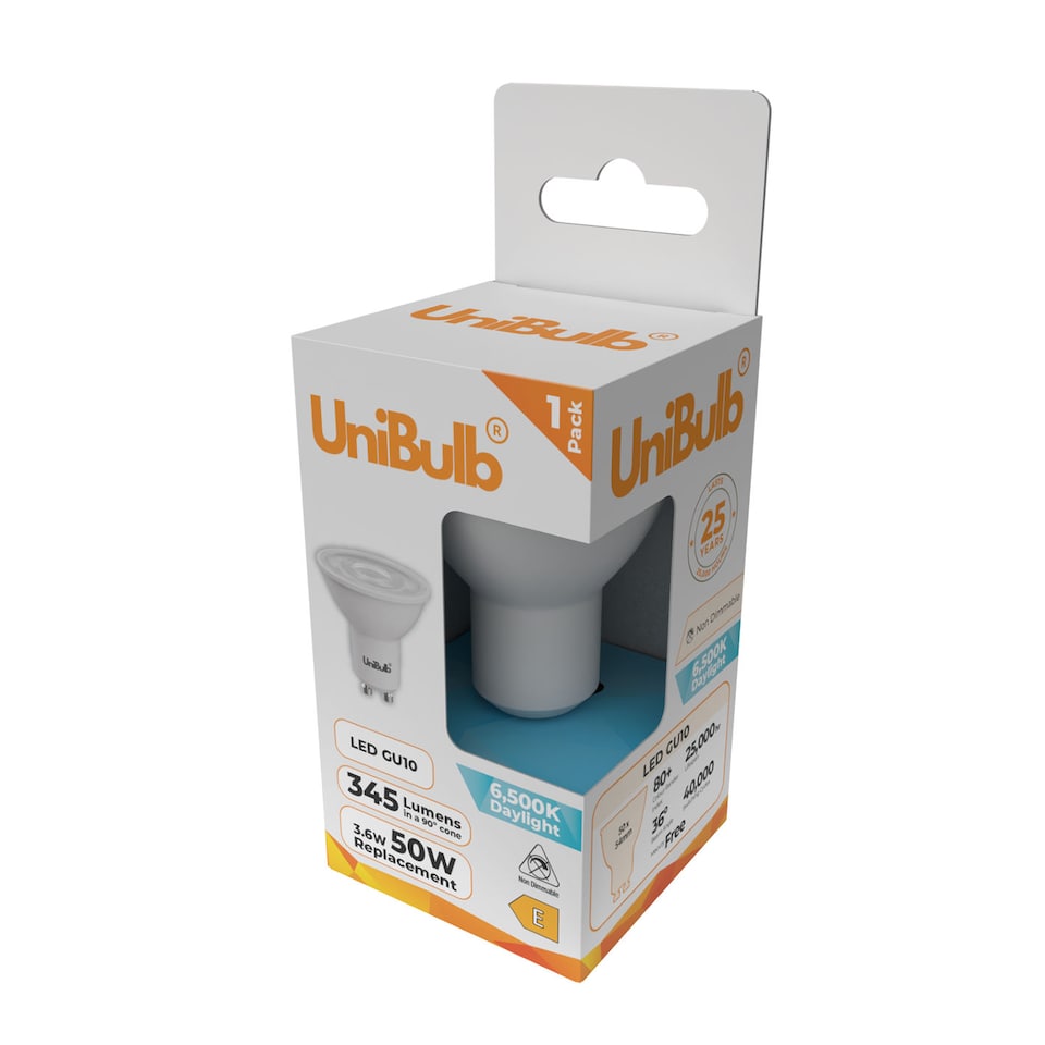 image 1 of UniBulb LED GU10 345lm 3.6W (Replaces 50W) 6500K (Daylight) Spotlight Downlight Light Bulb - Pack of 6