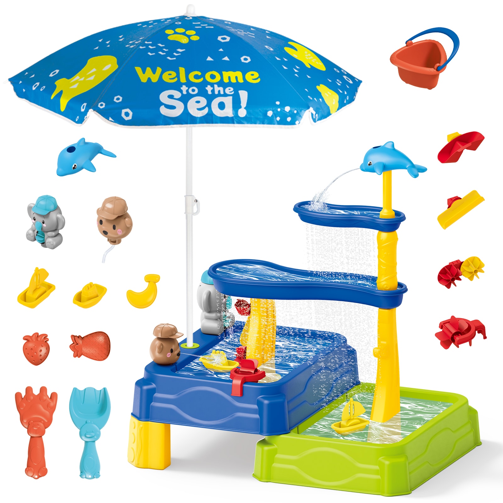 Kids Sand & Water Play Table with Umbrella Shade - Multi-Level Slides, Dolphin Spout & Accessories Outdoor Sensory Play Set
