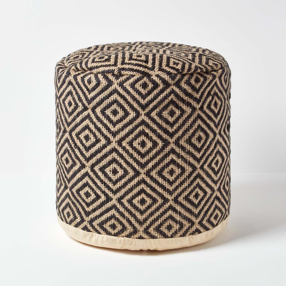image 1 of Homescapes Black and Cream Aztec Style Jute Footstool Beanbag Round - 45 x 40 cm | Black | 45 x 40 cm