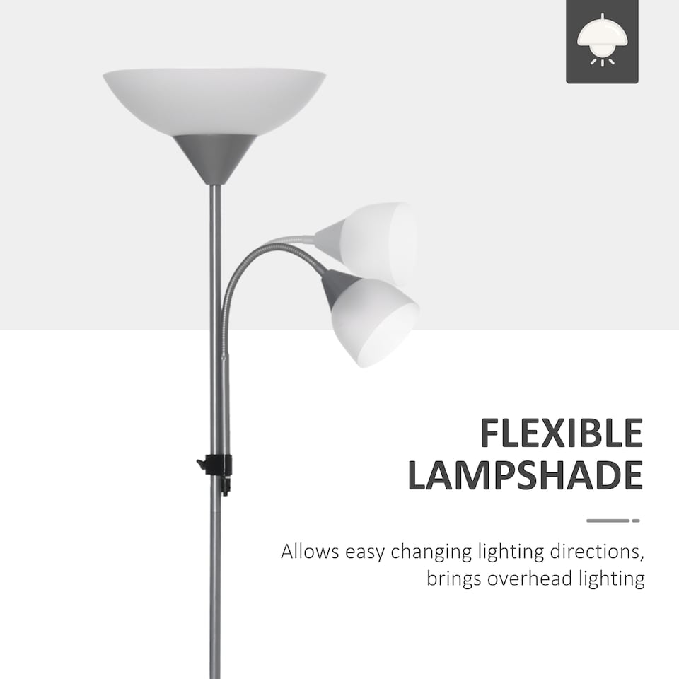 image 1 of HOMCOM LED Floor Lamp for Living Room, 180cm Tall Standing Lamp, Mother and Child Uplighter with Adjustable Gooseneck, Silver Tone