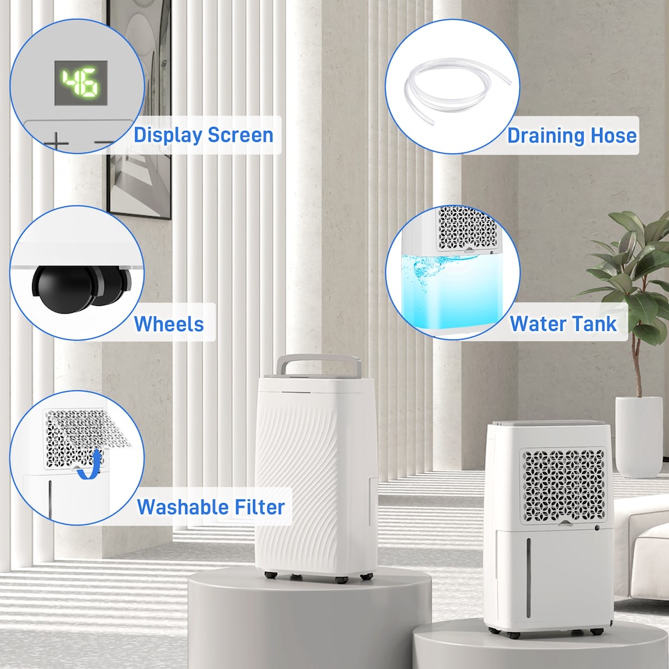 image 1 of HOMCOM 16LDay Dehumidifier for Home, Activated Carbon Air Filter, Portable Compressor Dehumidifier with 5.5L Water Tank, 24H Timer, Laundry Drying, Continuous Drainage, Humidity Light, White