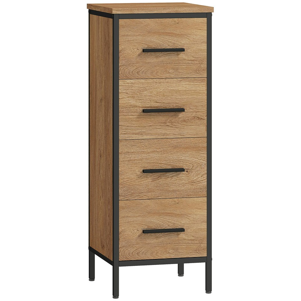 image 1 of HOMCOM Narrow Bathroom Storage Cabinet with 4 Drawers for Small Spaces, Oak Brown | Black