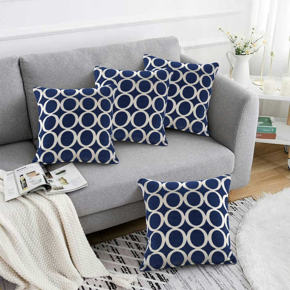 image 1 of Geometric O Chenille 45cm x 45cm Blue Cushion Set of 4 | Blue | Cream | 45cm x 45cm x 10cm | 4