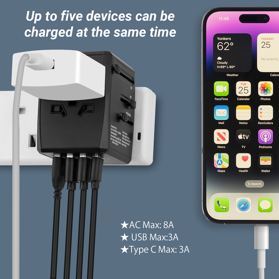 image 1 of World Travel Adaptor with USB Ports - UK EU AU US Universal Plug - Daffodil WAP150