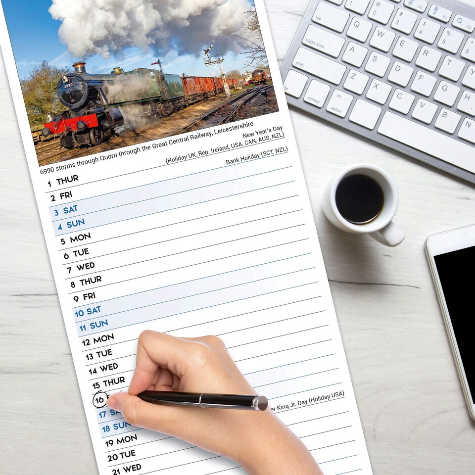image 1 of Steam Trains Slim 2026 Calendar | Slimline Wall Calendar | Train, Steam Railway Gift | Plastic Free Packaging | Avonside Publishing Ltd