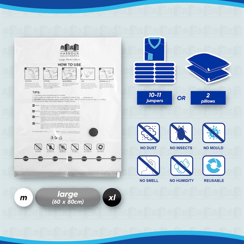 image 1 of Harbour Housewares 5x Vacuum Storage Bags & Pump Set - L (60 x 80cm) - Reusable Clothes Space Saver Organiser Zip Lock Bag | Grey | Grey | Large | 6