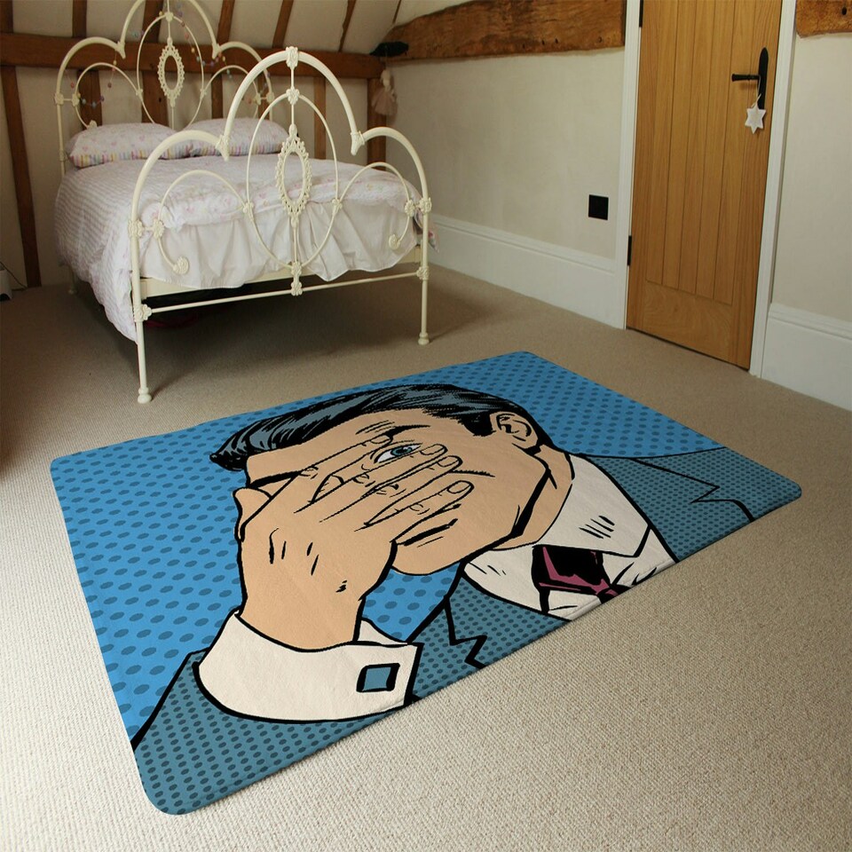 image 1 of The confused man hide and seek game pop art comics retro style Halftone (Rug) Blue | XL