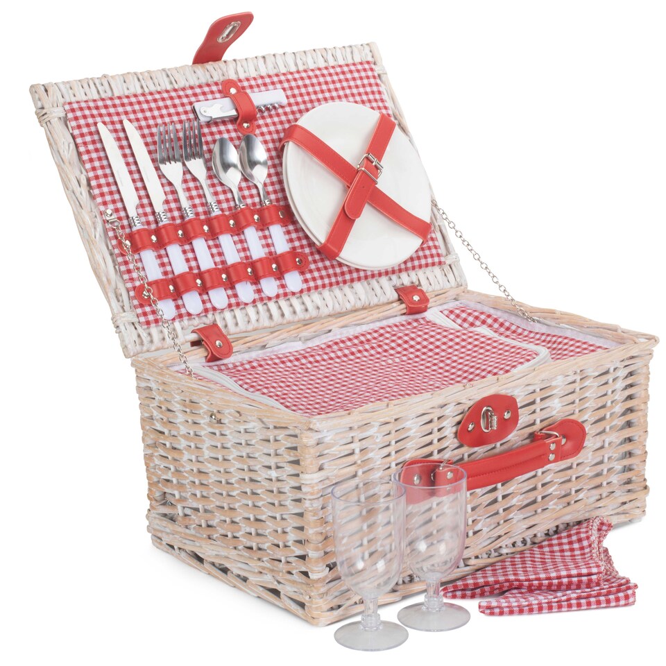 image 1 of Red and White Gingham 2 Person Fitted Wicker Picnic Basket