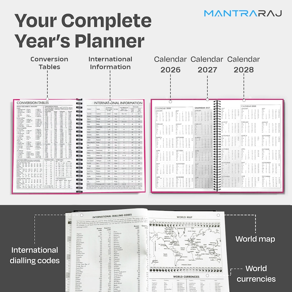 image 1 of 2027 Diary A5 Size Wiro Week to View Bright Diary Spiral Week To View Hardcover Diaries Planner Organizer (Pink)