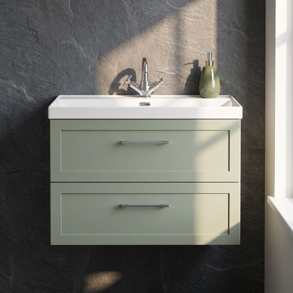 image 1 of Stonnall Traditional Wall Hung 2 Drawers Vanity Unit with Thin-Edge Ceramic Basin, 800mm, Reed Green