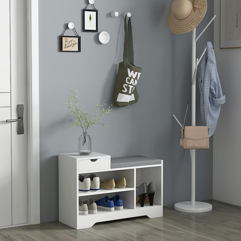 image 1 of HOMCOM Shoe Storage Bench, Shoe Rack Bench with Seating Cushion, Drawer, 3 Open Compartments and Table Top for Entryway, Hallway, Rustic Brown | Brown | Rustic Brown