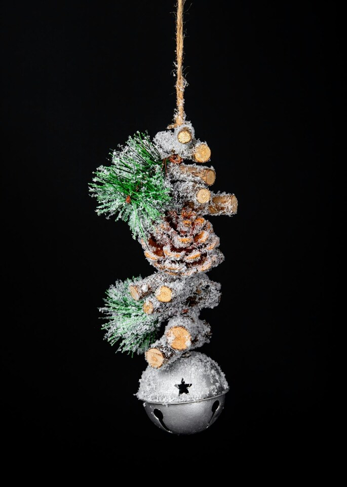 image 1 of Hanging Decoration with Jingle Bells Wooden Sticks, Berries and Pinecones Christmas Home Wall Door 33cm Silver