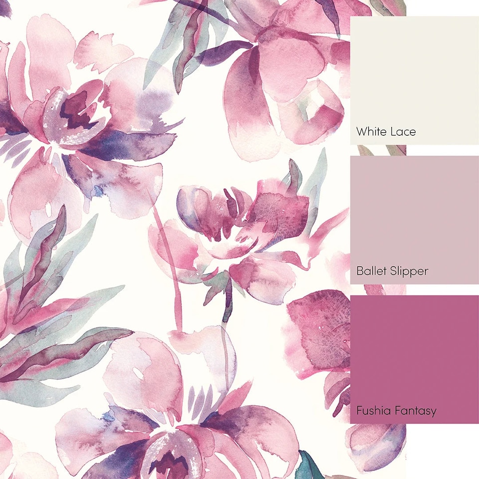 image 1 of In Bloom Full Wall Mural in Watercolour Pinks | Pink | Watercolour Pinks | Large (300cm x 240cm), Extra Large (350cm x 240cm)