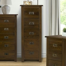 Boston 5 Drawer Narrow Chest - Rich Dark Brown Lacquer Solid Wood Bedroom Storage with Brass Handles | Brown | Brown | 1