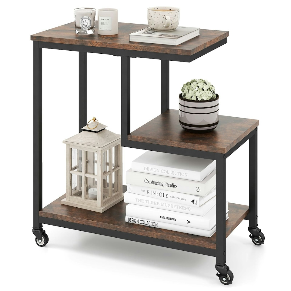 image 1 of COSTWAY G-Shaped Side Table 3-Tier Rolling End Table | Brown