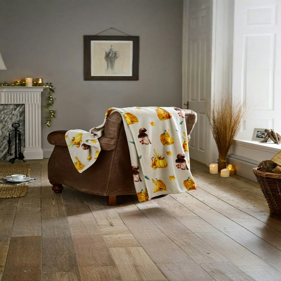 image 1 of Pumpkin Party Throw – Natural Fleece Blanket with Harvest Pumpkin Print 140x180cm Multi | Natural