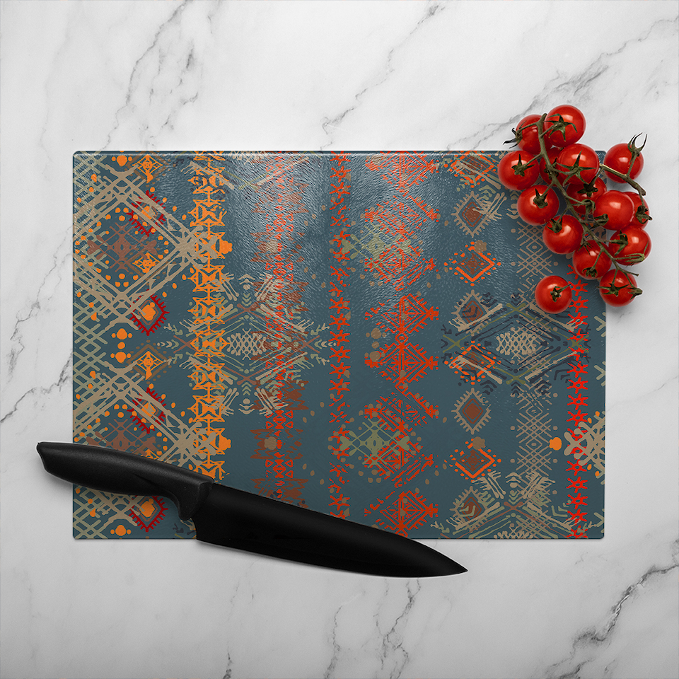 image 1 of Ethnic Boho Distressed Pattern Glass Chopping Board | Multi