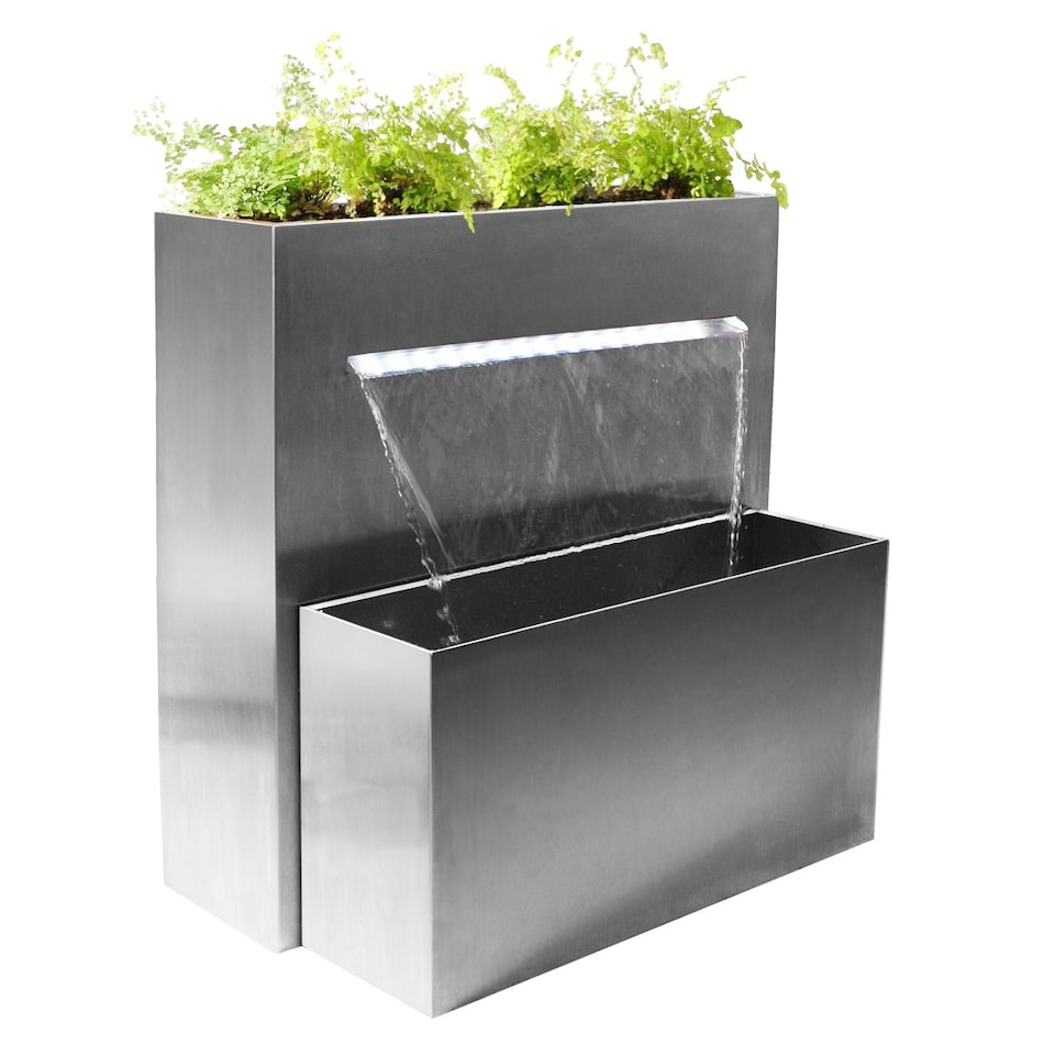 image 1 of Planter & Waterfall Cascade Silver Stainless Steel Outdoor Water Feature with Lights H89cm