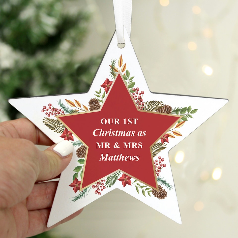image 1 of Personalised Christmas Wreath Wooden Star Decoration