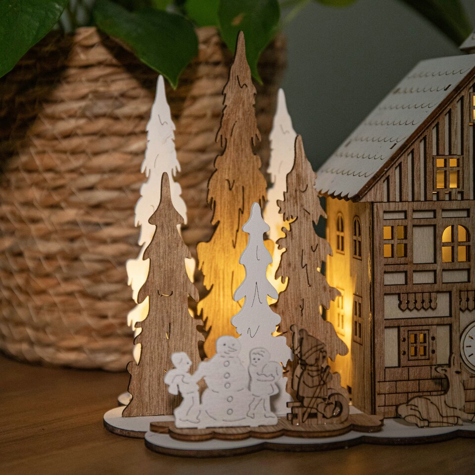 image 1 of 16cm Battery Operated Light up Wooden House Scene with Christmas Trees and Warm White LEDs