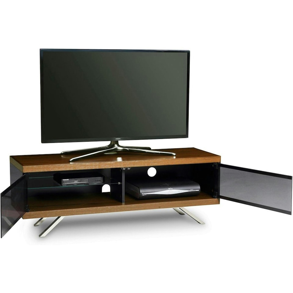 image 1 of MDA Designs TUCANA 1200 HYBRID Black Walnut TV Cabinet BeamThru Remote-Friendly Doors for up to 60" Flat Screen TVs with Mounting Arm Brown