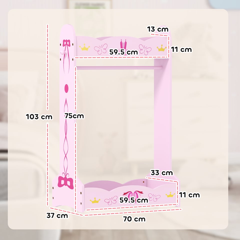 image 1 of AIYAPLAY Kids Clothes Rail w Storage Shelves for Bedroom, Nursery, Pink