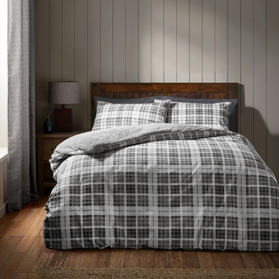 image 1 of Catherine Lansfield Cosy Sherpa Check Duvet Cover Set Grey | Grey | Super King