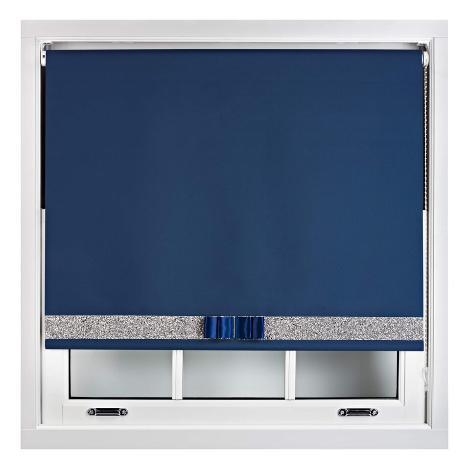 image 1 of FURNISHED Blackout Roller Blind with Silver Glitter Trim and Navy Bow Cut to Size | Blue | Navy | (W) 120cm x (L) 210cm