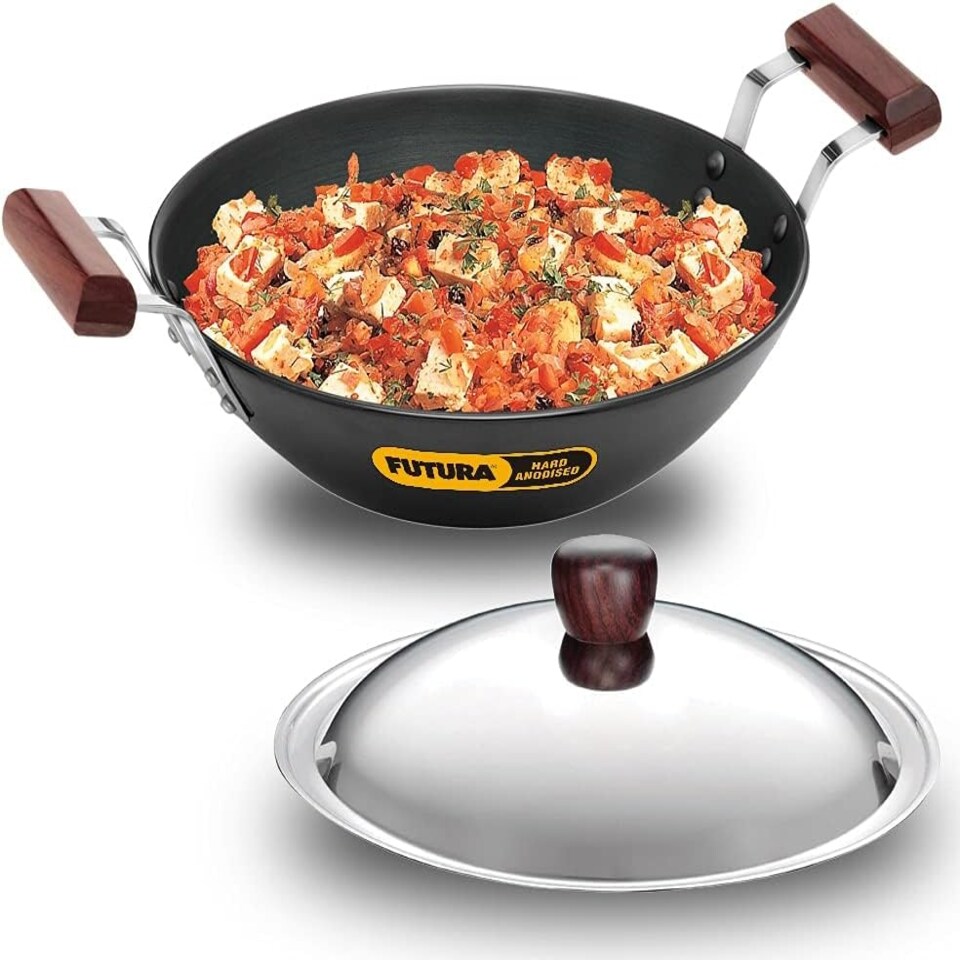 image 1 of Futura Induction Compatible Hard Anodised Flat Bottom Deep Fry Pan with Steel Lid, 2.5 Litre