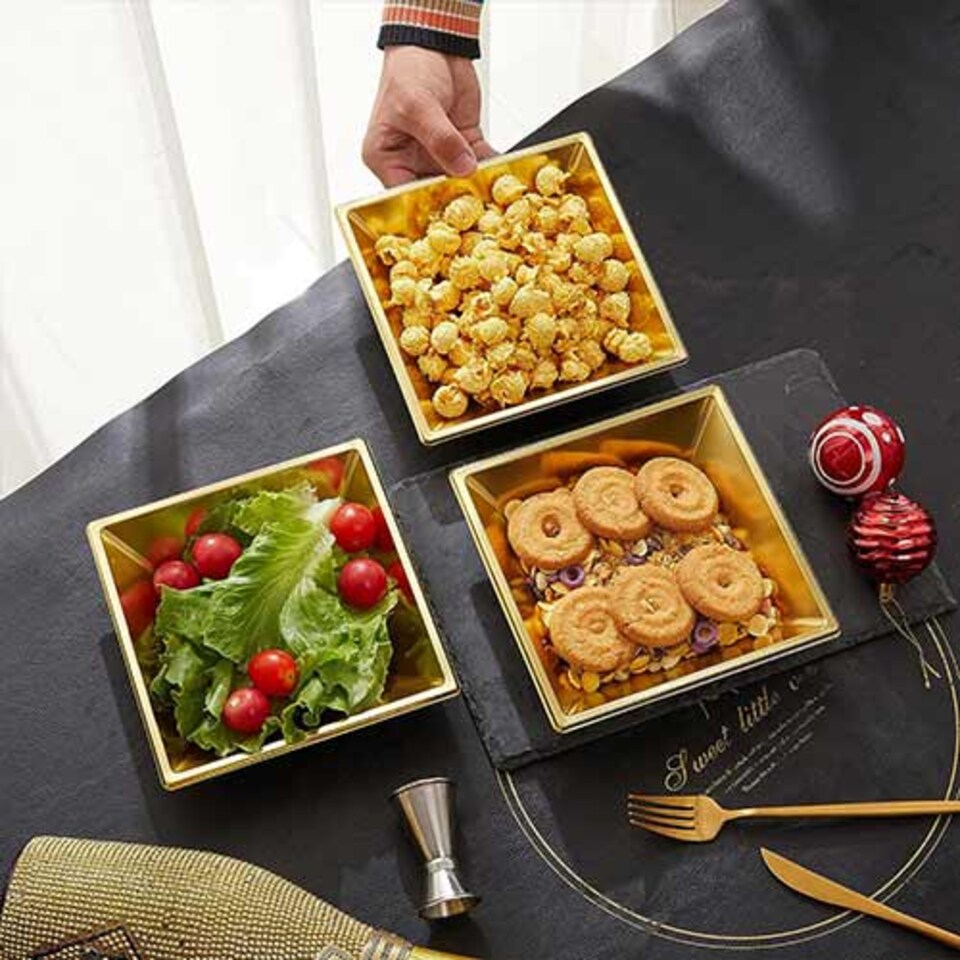 image 1 of Metallic Gold Square Serving Bowls 18cm - Pack of 2