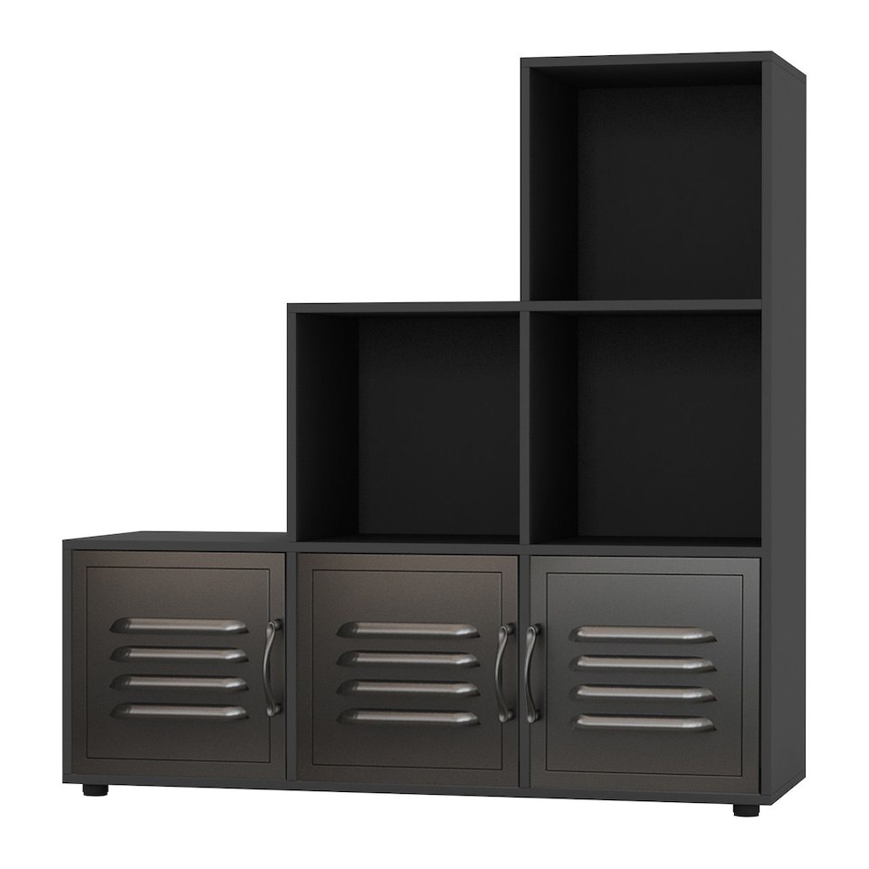 image 1 of 6-Cube Step Shelving Unit With Metal Doors | Black | Black & Black | 1