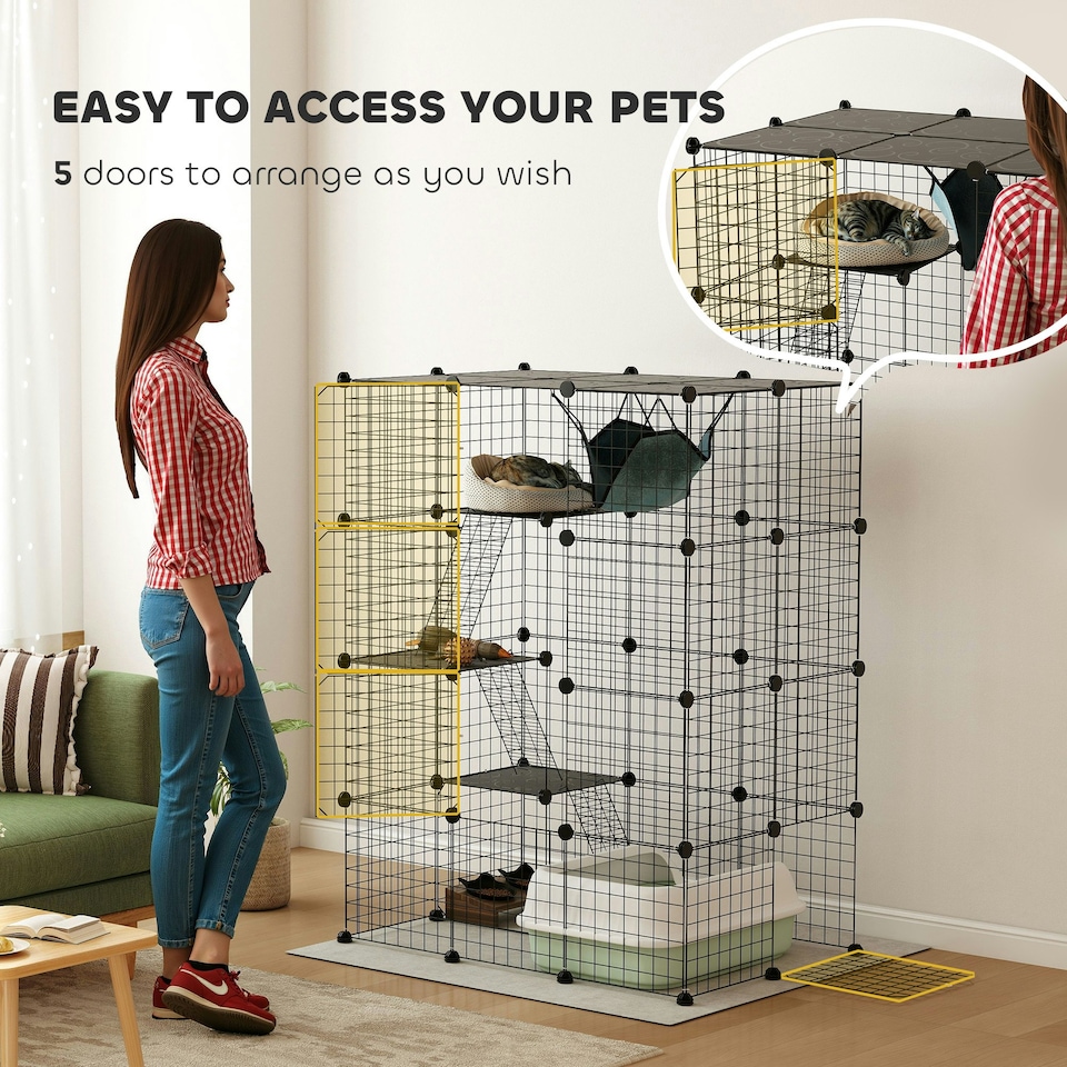 image 1 of PawHut Four-Tier Indoor Cat Cage, DIY Cat Playpen with Hammock, Ramps