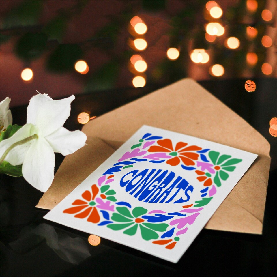 image 1 of Congratulations Card Congrats Groovy Flower Border Retro Floral Design