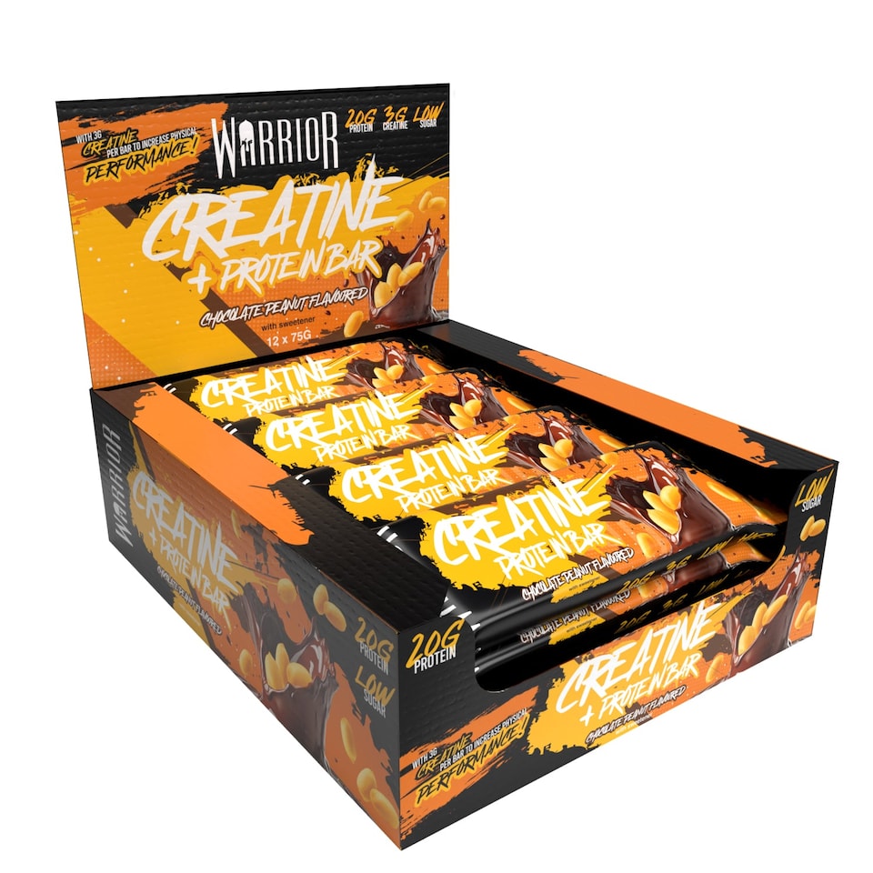 image 1 of Warrior Creatine  Protein Bars 12 x 75g – 20g High Protein Bar, 5g Creatine, Low Sugar High Fibre Oat  Bars, Meal Replacement Bars (Chocolate Peanut)