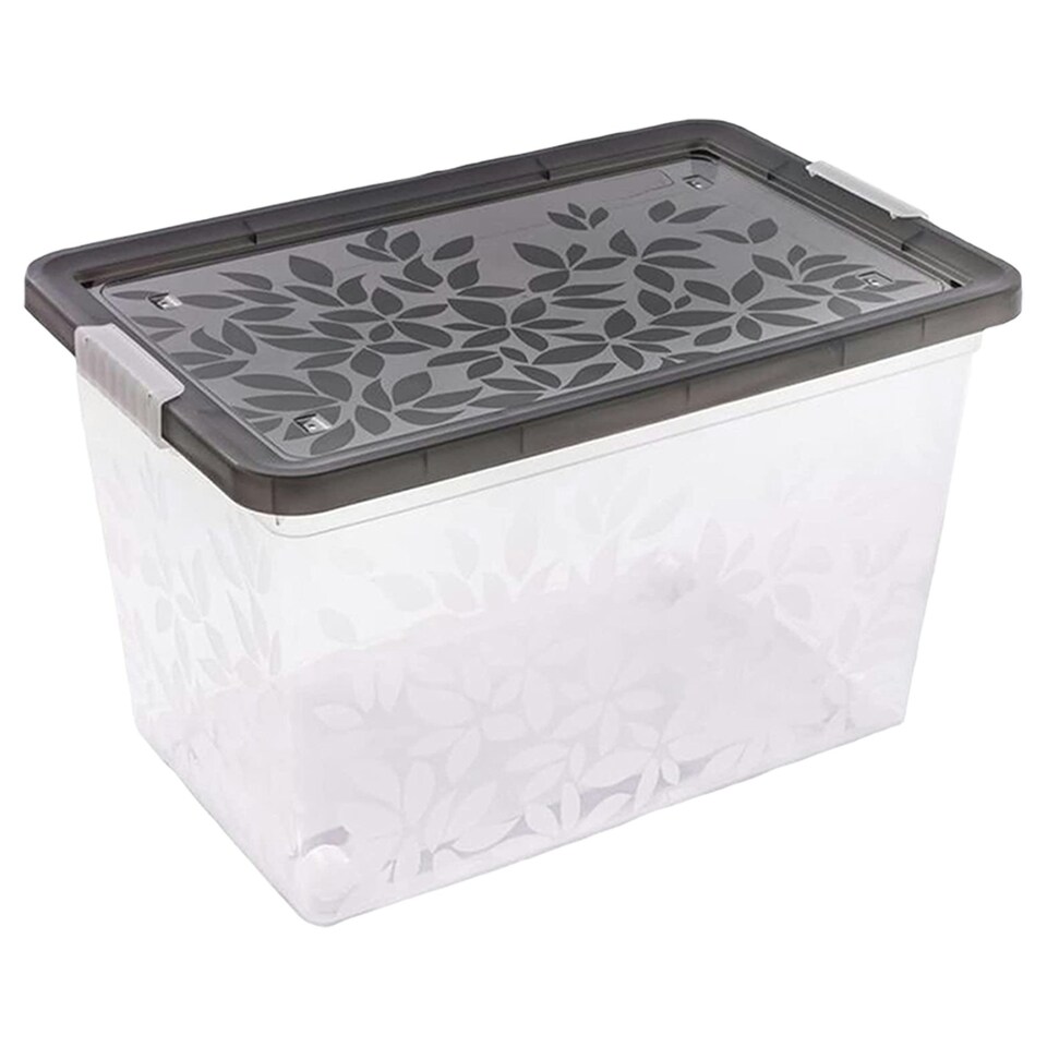 image 1 of Set of 3 55 Litre Elegant Jasmine Leaves Strong Stackable Plastic Storage Boxes Complete With Clip Locked Lids Clear