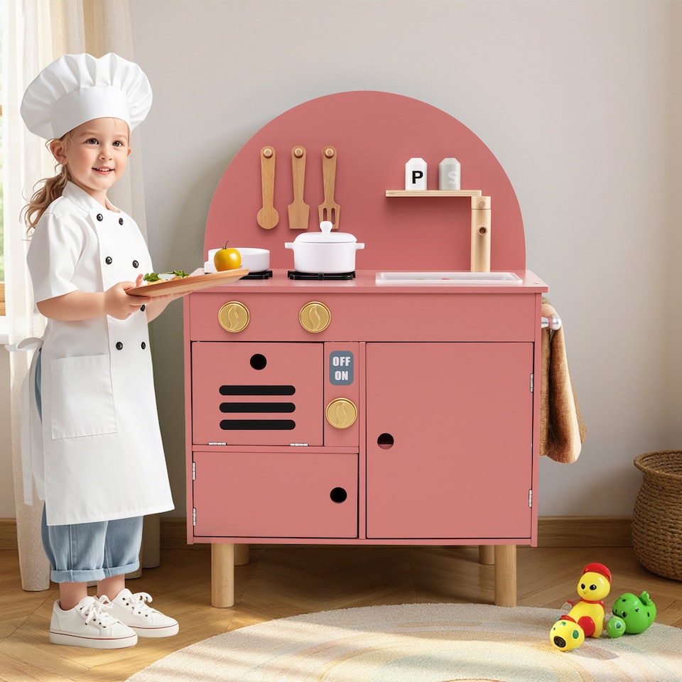 image 1 of COSTWAY Pretend Play Kitchen Wooden Kitchen Playset with Stoves Pink