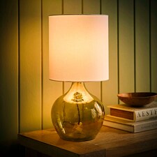 ValueLights Emily Natural Linen Drum Shade Dark Green Glass Teardrop Table Lamp and LED Bulb Green
